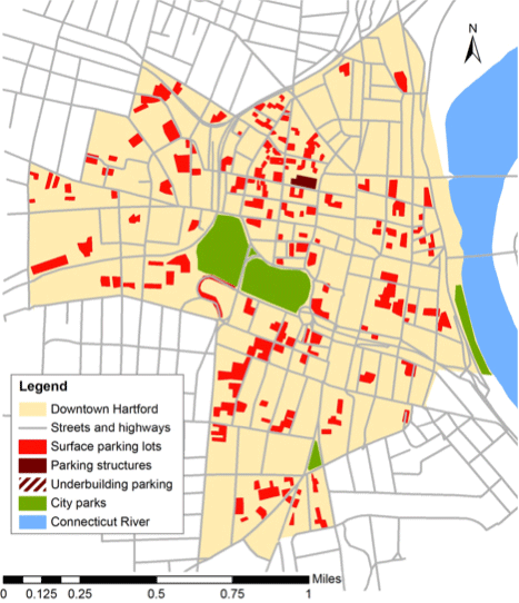 The increase in parking in downtown Hartford, from 1960 to 2000. Map by Chris McCahill & Norm Garrick