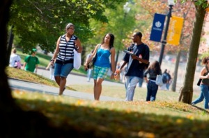 Students walking together around campus