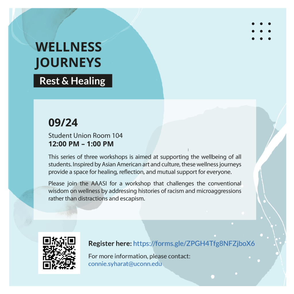 Flyer for Wellness Journeys features light blue and gray splashes of ink on a blue background.