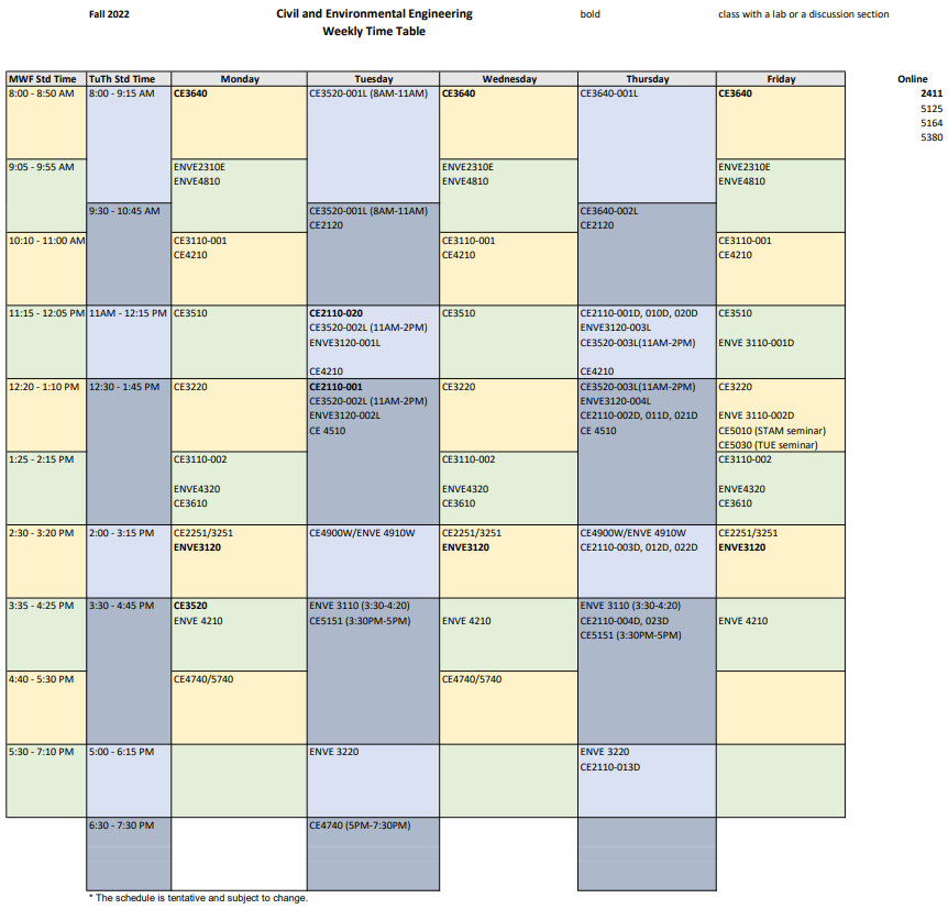 screenshot of the CEE fall 2022 teaching time table