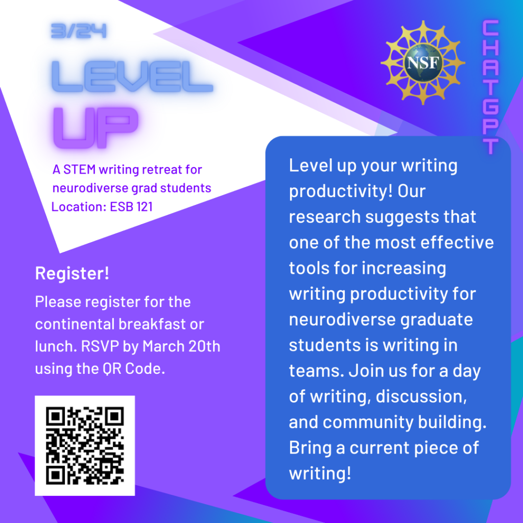 Flyer for Level Up Writing Retreat. All information contained in article text.