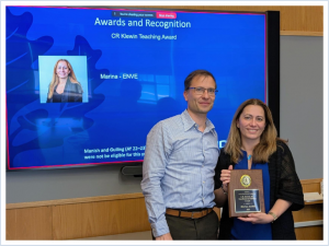 Marina Astitha receiving the CR Klewin Teaching Award from Kay Wille, Director of SoCEE.