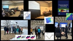 Image of researchers from the Atmospheric and Air Quality Modeling Group participating in scientific conferences and fieldwork. The collage shows group members presenting posters, speaking on expert panels, and conducting weather-related data collection outdoors. Several data visualizations and weather forecasting models are also included.