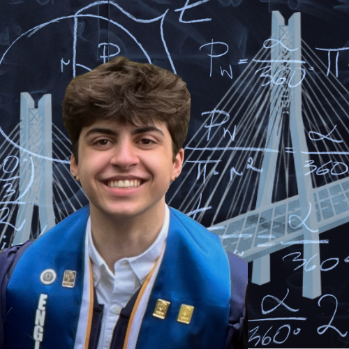 **Alt text:** Ryan Johns smiles at the camera, wearing a blue engineering stole with pins, positioned in front of a stylized background featuring a cable stayed bridge and chalkboard style engineering equations.