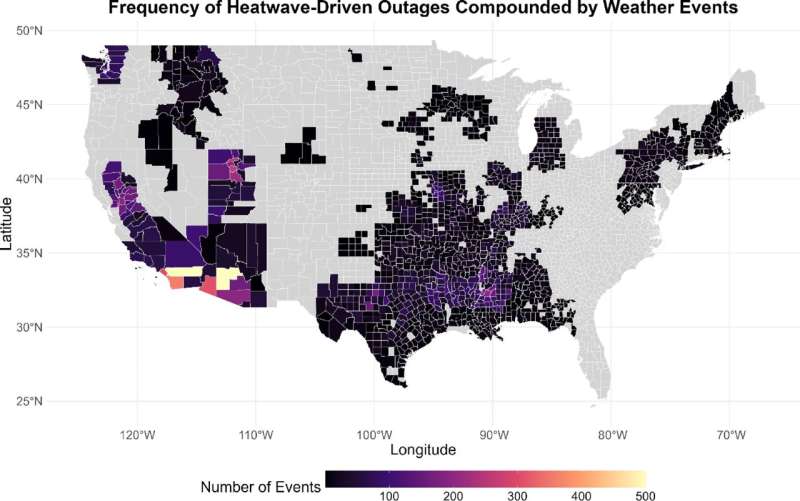Geographic distribution of power outages across the continental U.S. during heat wave events