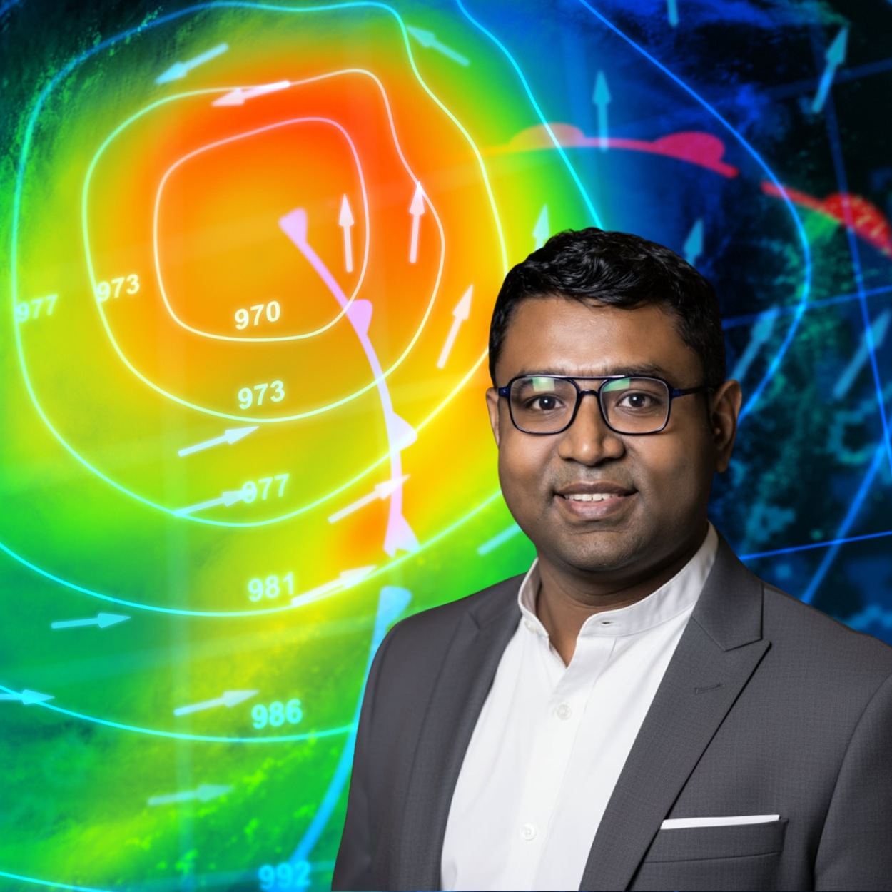 Portrait of Shah Saki, wearing glasses and a gray suit jacket over a white shirt, smiling slightly. Behind him is a colorful meteorological visualization showing a storm system with pressure contours labeled with numbers, arrows indicating wind direction, and a heat-map style background in red, orange, yellow, green, and blue.
